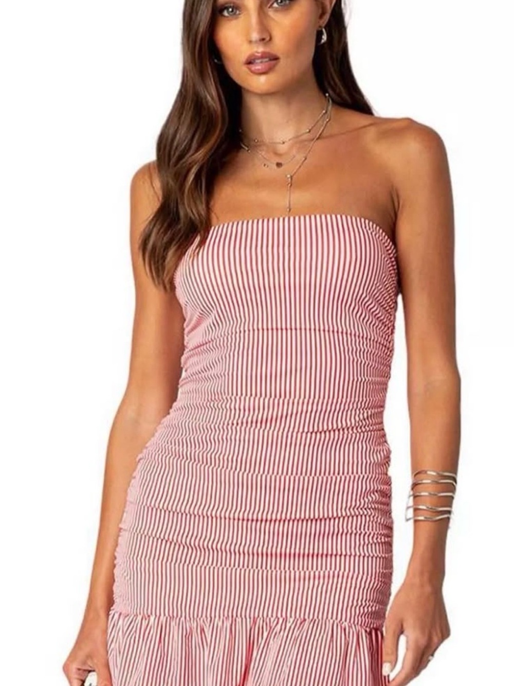 Edikted Strapless Red & White Ruched Stripe Dress